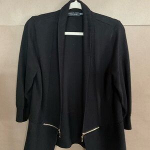 Ivanka Trump Black Open Front Cardigan. Gold Zipper Accents. 3/4 sleeve. Size L.